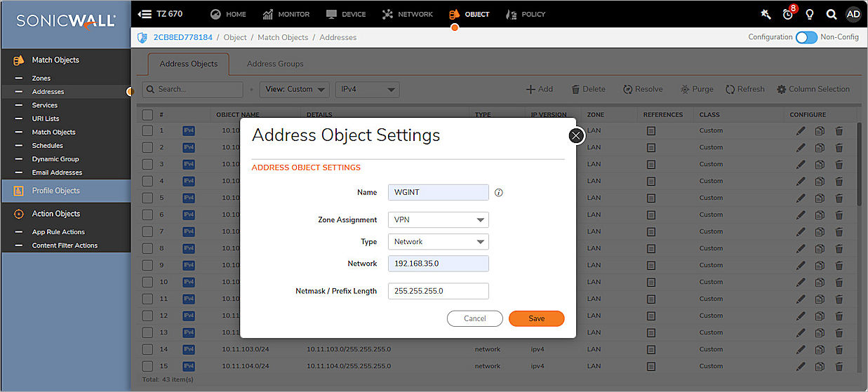 Screenshot of Dell SonicWall Address Object settings